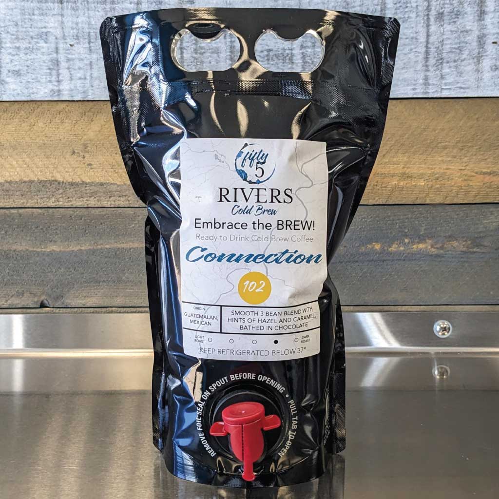 Ready to drink cold brew coffee in 1.5 L to go pouch. Fifty5 Rivers Cold Brew Connection 102