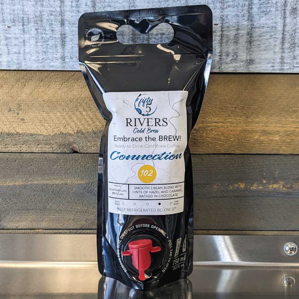 Ready to drink cold brew coffee in a 750 ml to go pouch. Fifty5 Rivers Cold Brew Connection 102