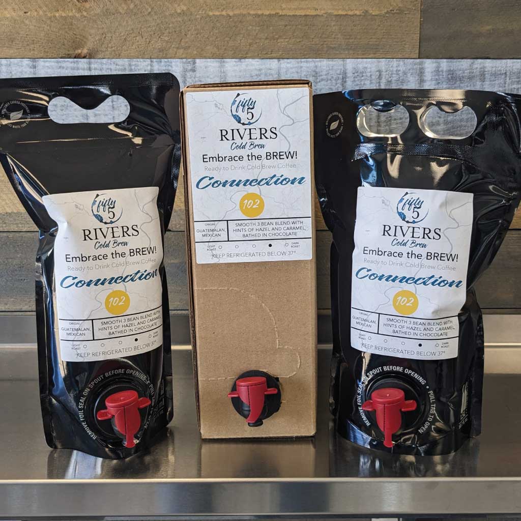 Ready to drink cold brew coffee in 1.5 L, 5L, or 750 ml to go pouches. Fifty5 Rivers Cold Brew Connection 102.