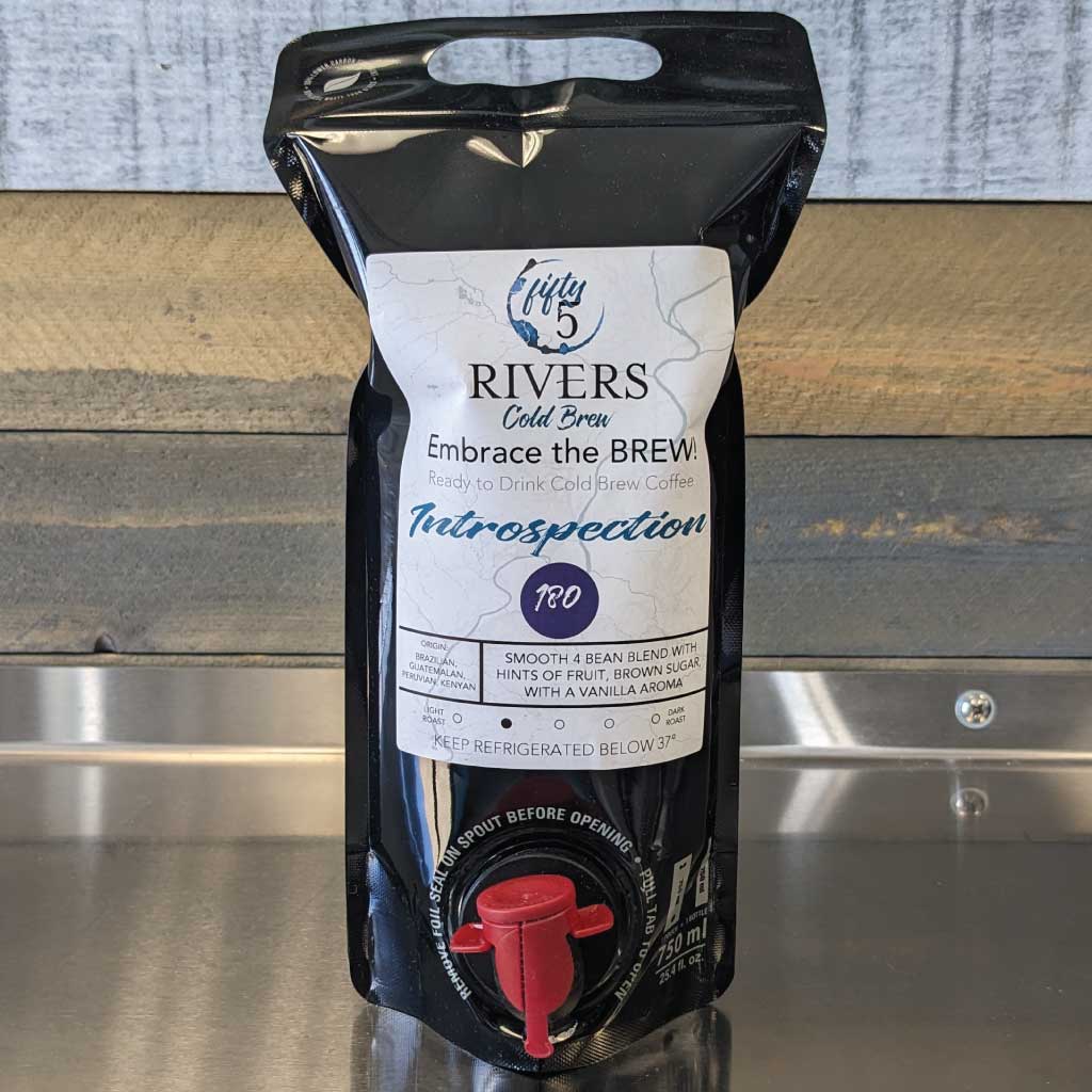 Ready to drink cold brew coffee in a 750 ml to go pouch. Fifty5 Rivers Cold Brew Introspection 180
