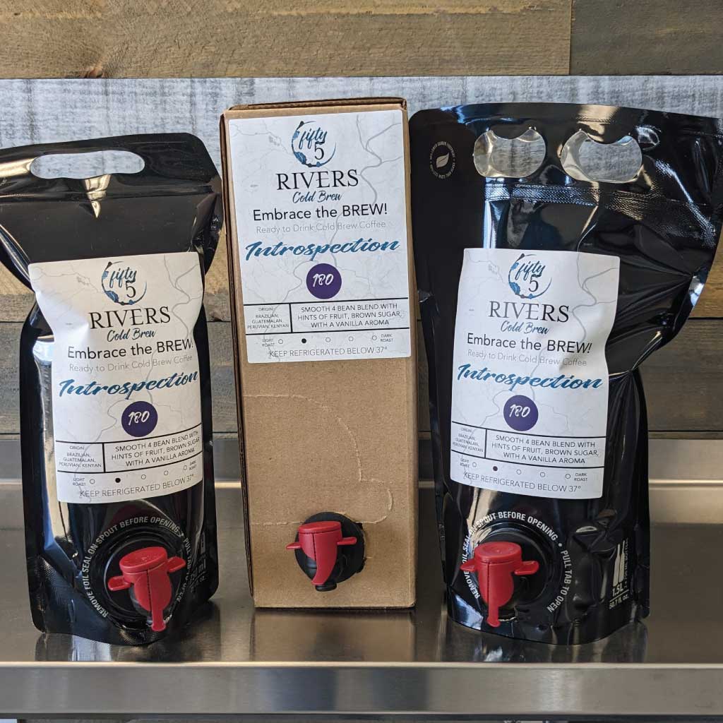 Ready to drink cold brew coffee in 1.5 L, 5L, or 750 ml to go pouches. Fifty5 Rivers Cold Brew Introspection 180